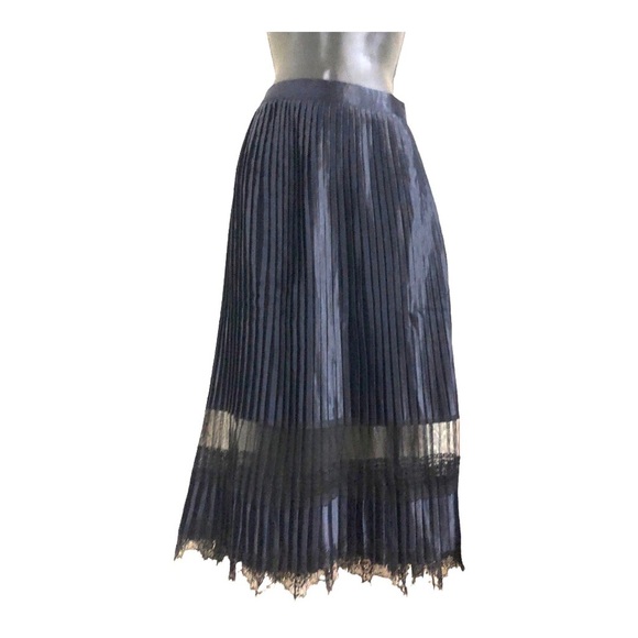 Beautiful pleated navy blue & black lace peek a boo satin effect goth skirt sz L - Picture 1 of 16